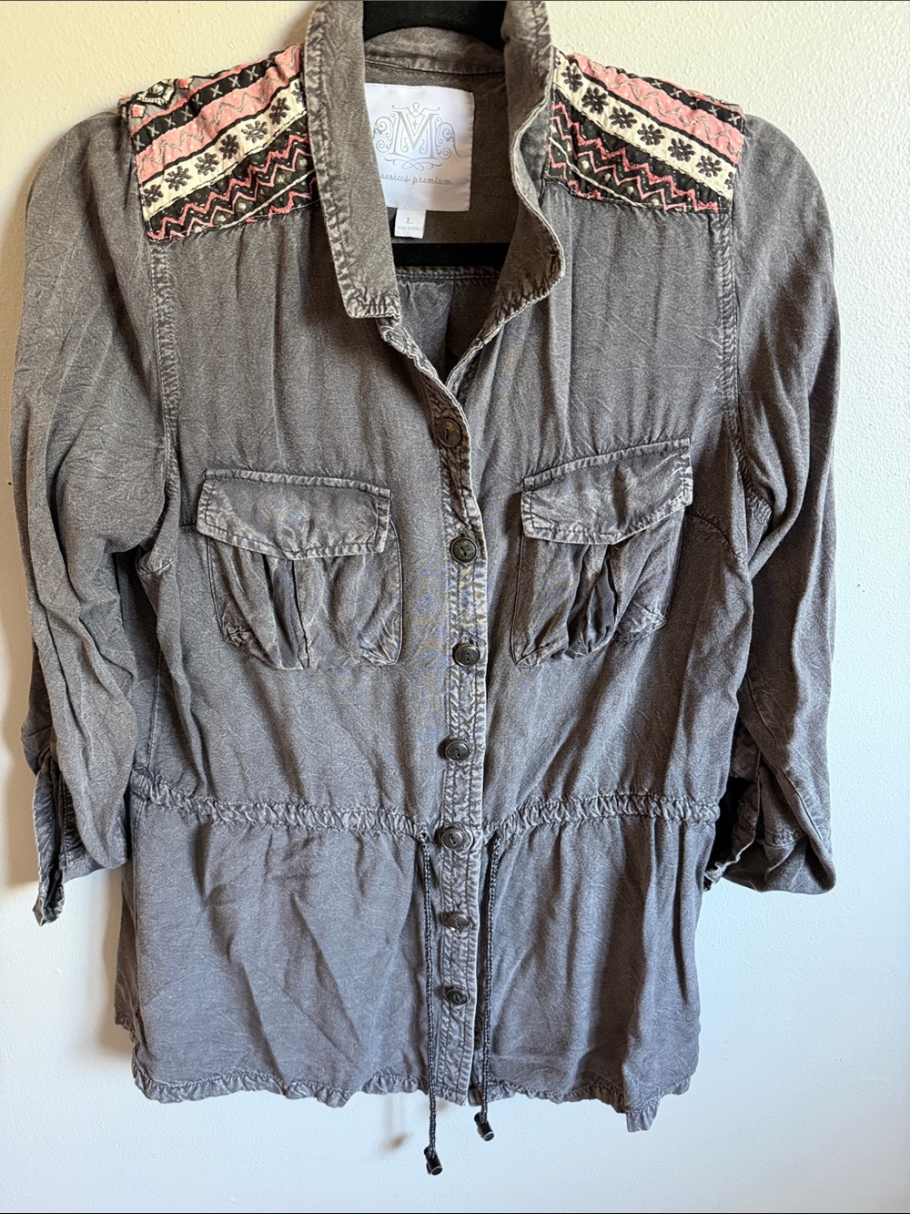 Maurices Premium Embroidered Shoulder Button-Front Tunic Jacket Shirt